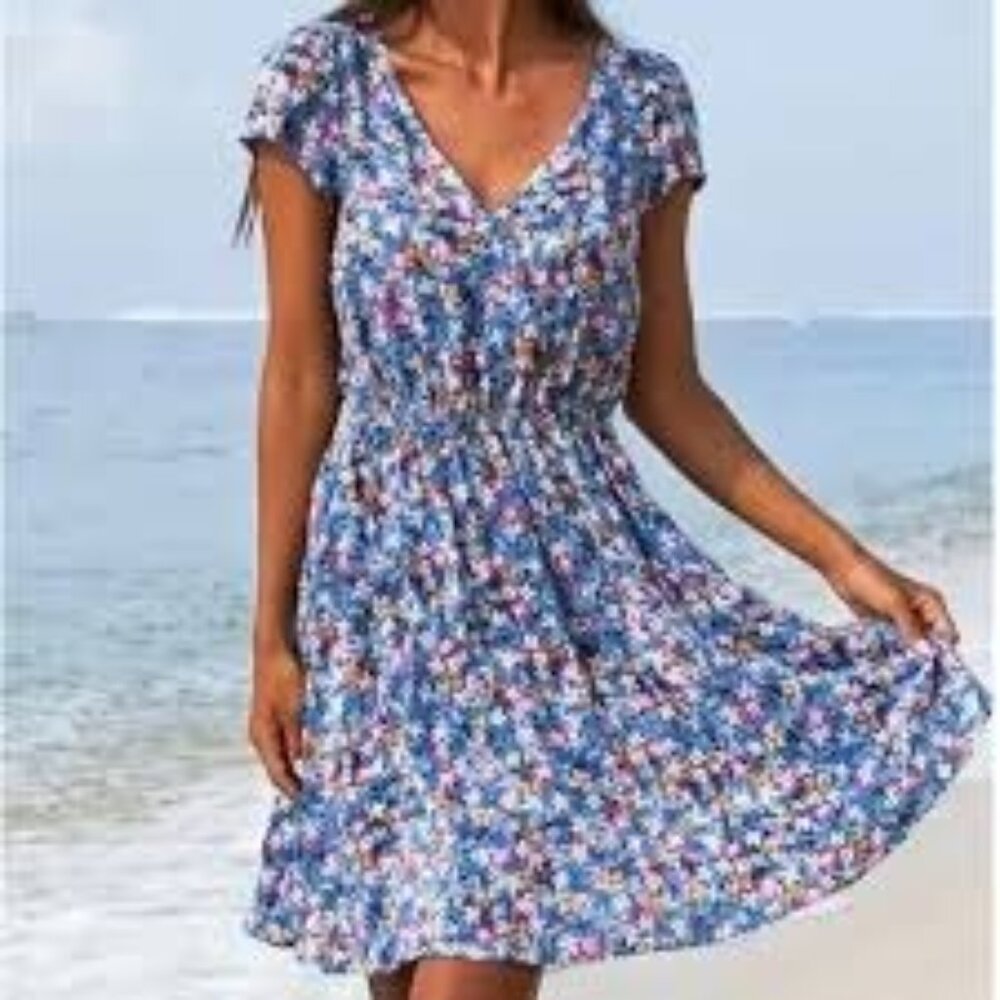 Cupshe Chic Floral V-Neck Mini Dress With Back Tie Short Sleeves‎ Romantic 70  L